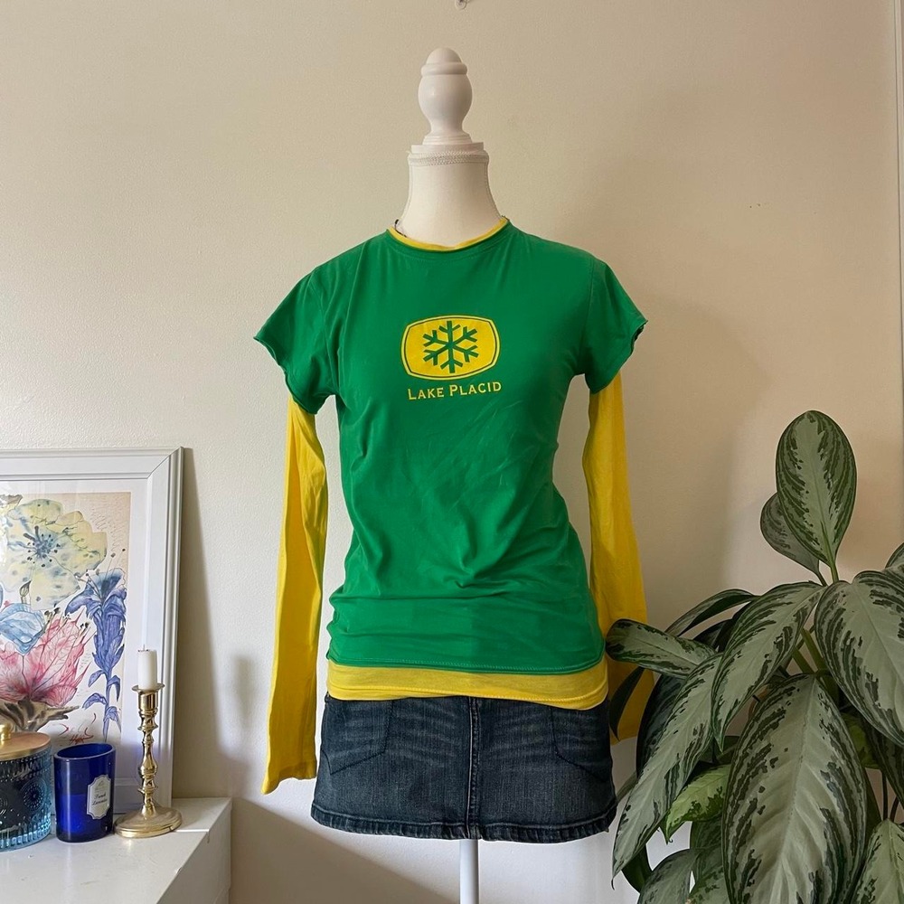 y2k two tone graphic long sleeve shirt womens sz m yellow/green tomboy